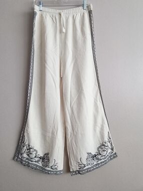 Max Studio White Wide-Leg Linen Blend Pants Floral Trim L